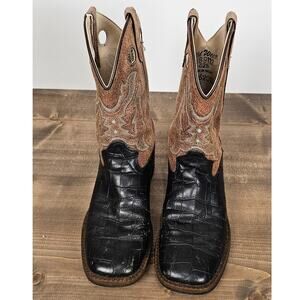 Old West leather youth boot sz9 EUR025 fancy stitch broad square toe black brown